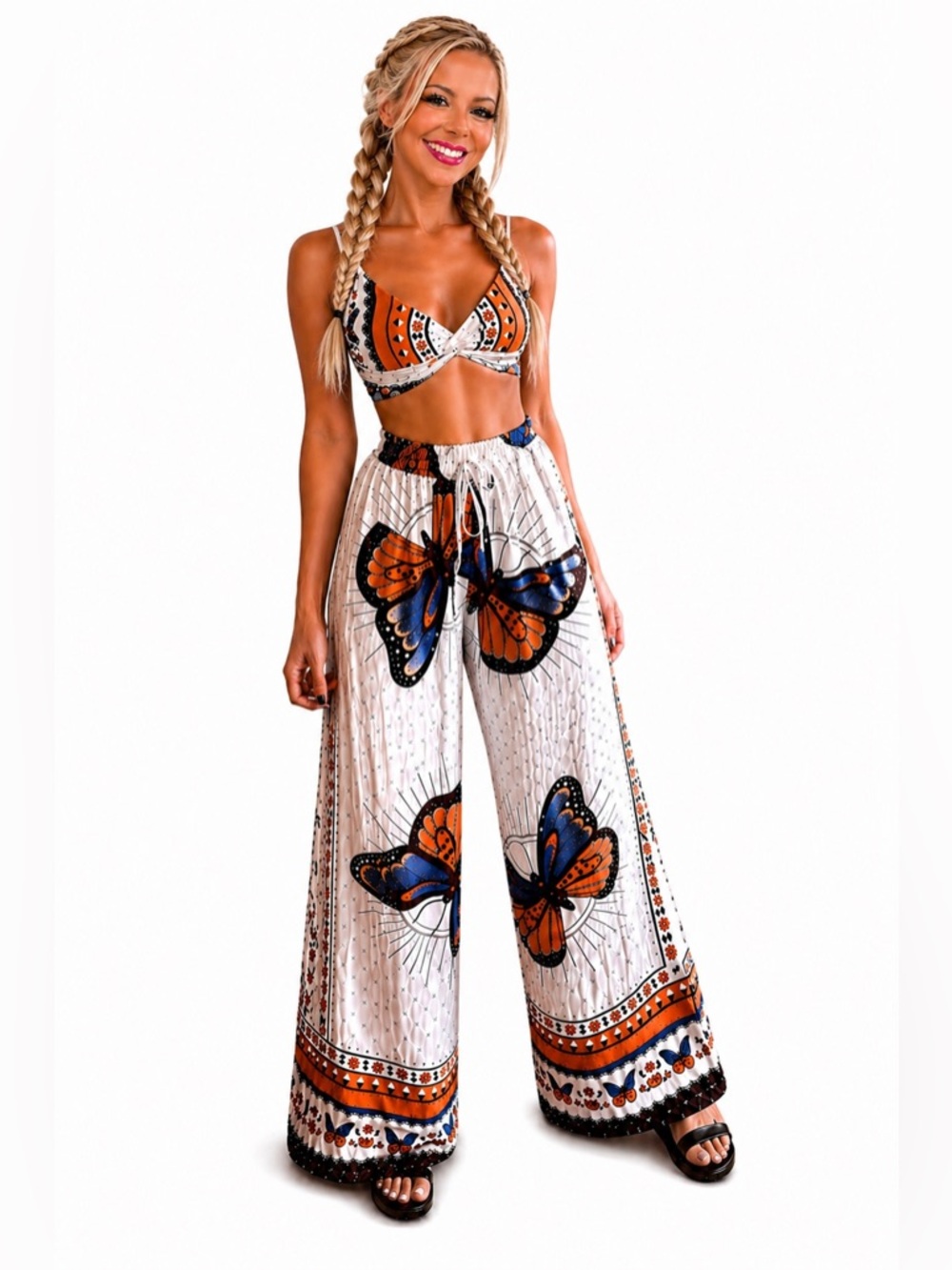 SCACTO Boho Butterfly Set | Festival Wide Leg Pants + Crop Top | SMALL